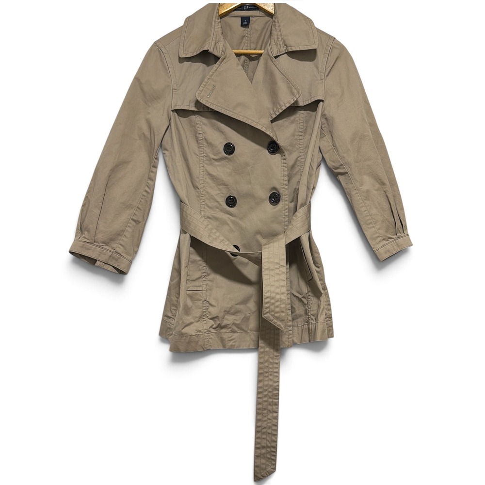 GAP Women Khaki Tan Double Breasted Belted Trench Coat 3/4 Sleeve Jacket M